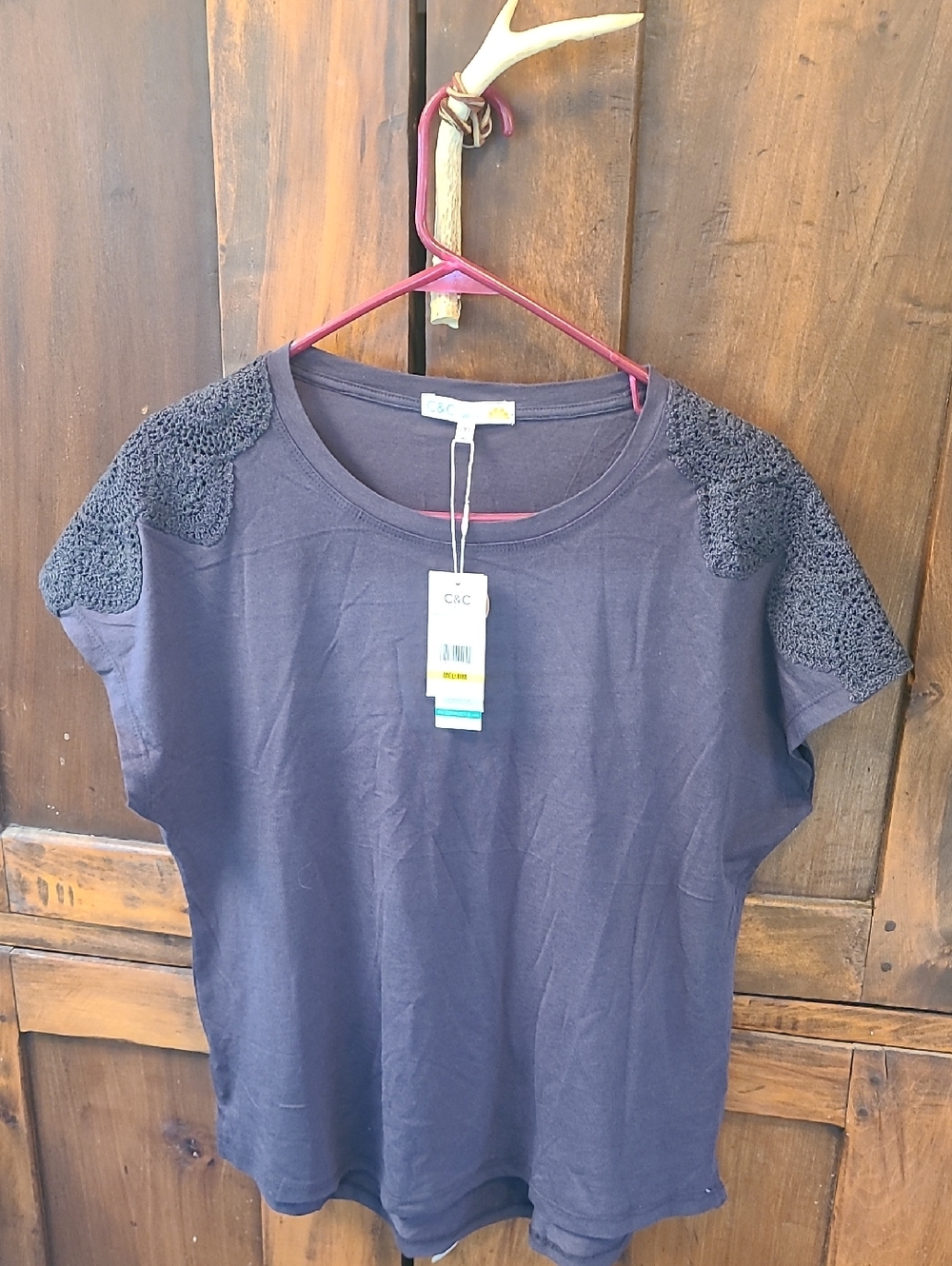 C&C California Black Short Sleeve Tee with Crochet Shoulders